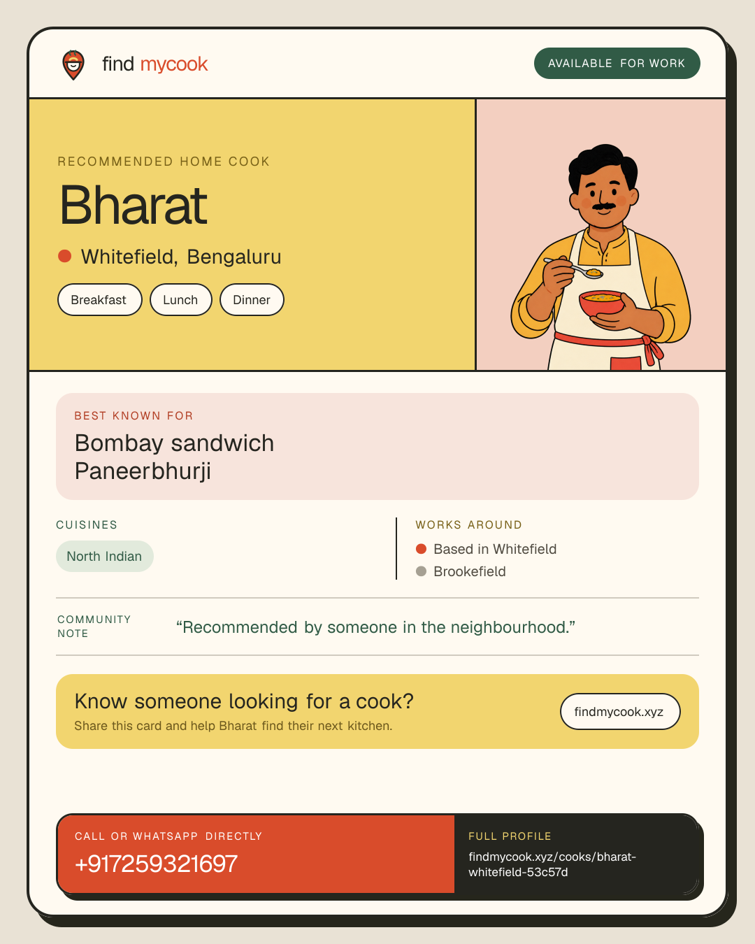 Bharat's Find MyCook cook card