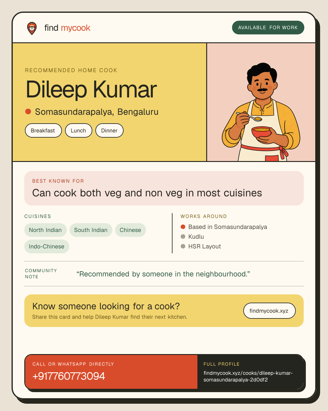 Dileep Kumar's Find MyCook cook card