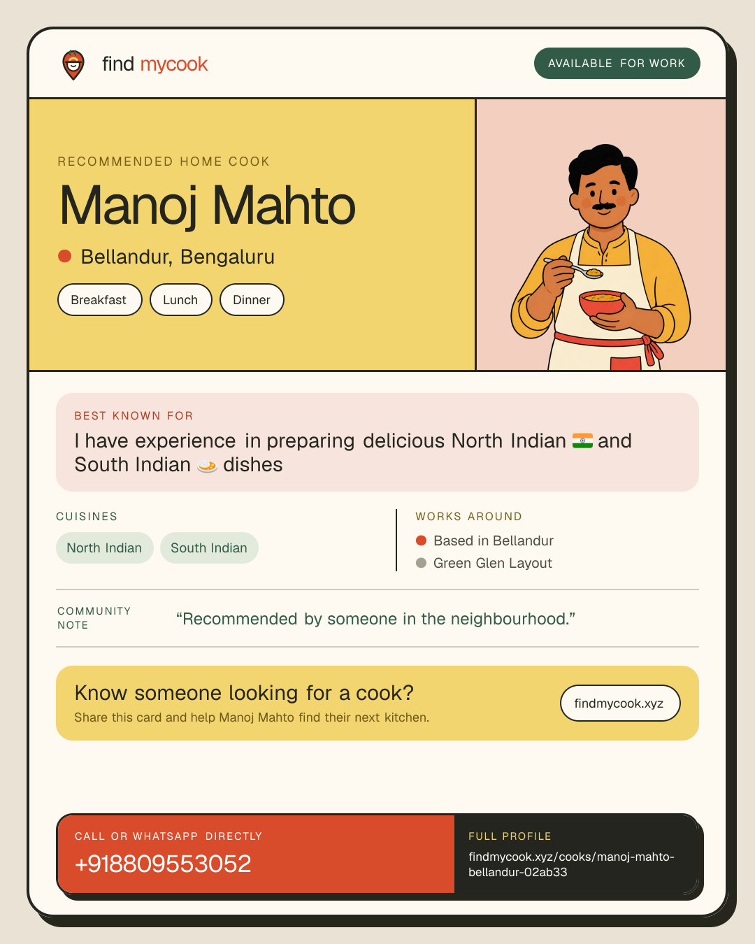 Manoj Mahto's Find MyCook cook card