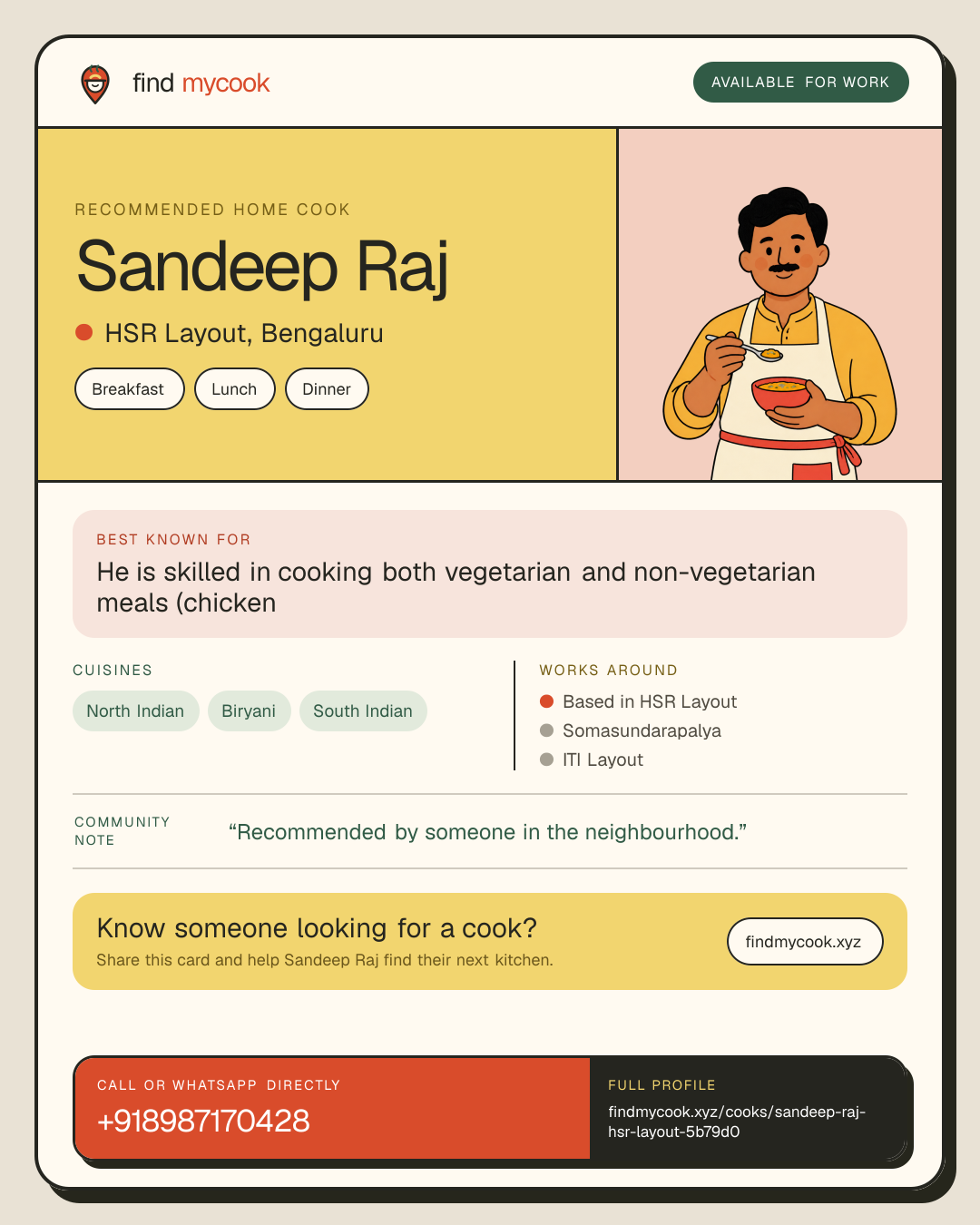 Sandeep Raj's Find MyCook cook card